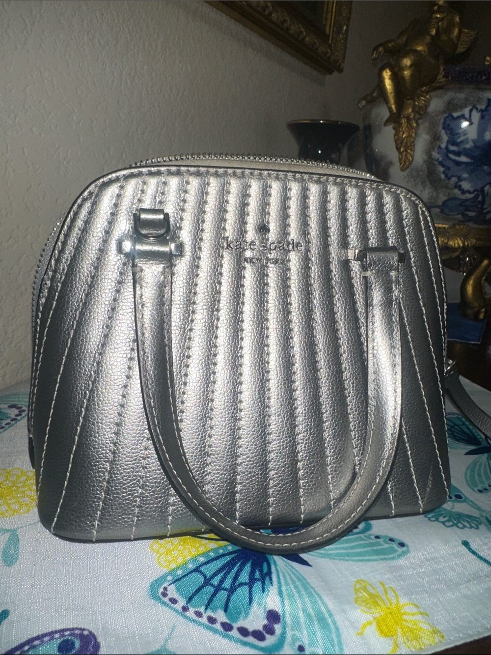 kate spade Metallic Silver Quilted Dome Satchel
